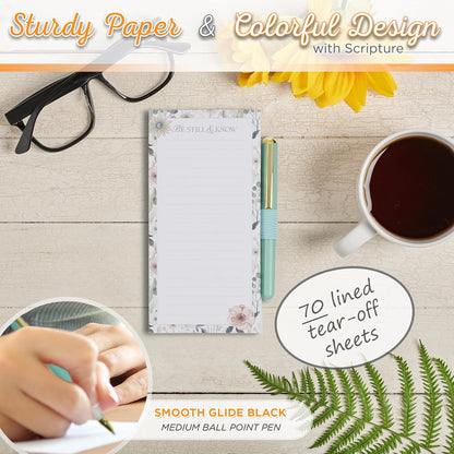 Christian Art Gifts Magnetic Notepad Set with Pen for Women: Be Still - Inspirational Scripture for Shopping Lists, Memos, Reminders, 70 Lined Tear-off Sheets, Teal Floral