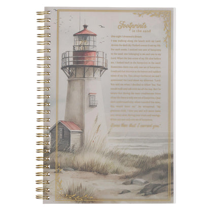 Christian Art Gifts Footprints in the Sand Writing Wirebound Notebook - Psalm 118:29 Bible Verse, Flexible Cover Prayer Journal, 128 Ruled Pages w/Scripture, 8.5" x 5.9" x 0.6" (216mm x 150mm x 15mm
