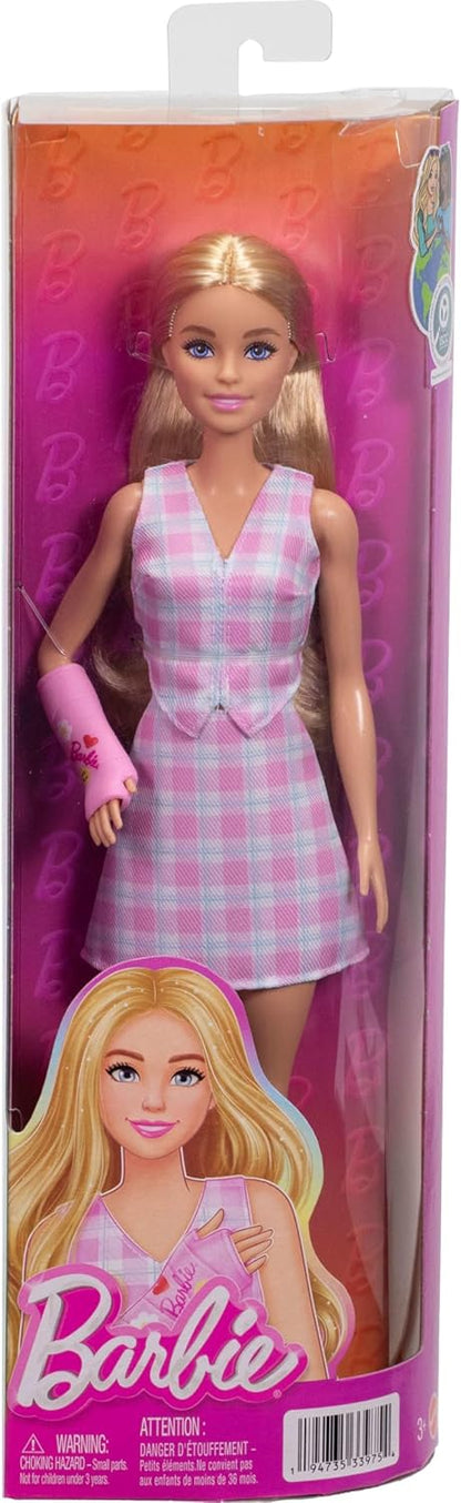 Barbie Fashionistas Doll #243 with Blonde Hair and Pink Arm Cast Accessory, Wearing Plaid Top and Skirt with Pink Loafers, JJN56