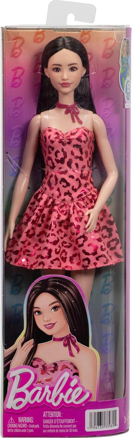 Barbie Fashionistas Doll #246 with Black Hair, Pink Leopard Print Strapless Dress with Accessories like Tie Necklace and Boots, JJN59