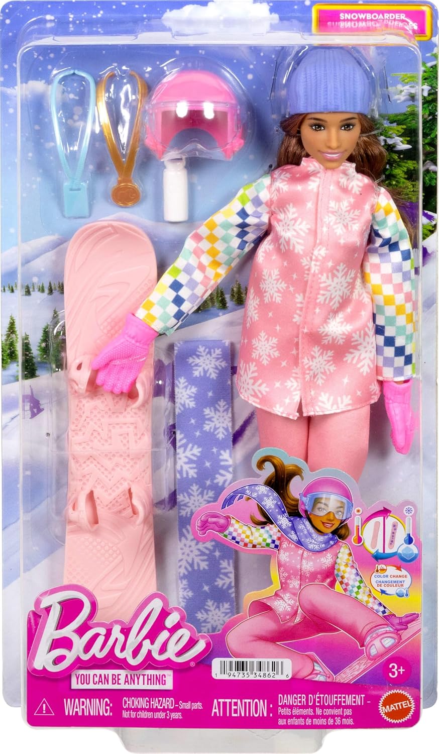 Barbie Careers Snowboarder Doll Wearing Pink Snow Jacket, Pants & Boots with 10+ Accessories Including Color-Change Snowboard, JKF78