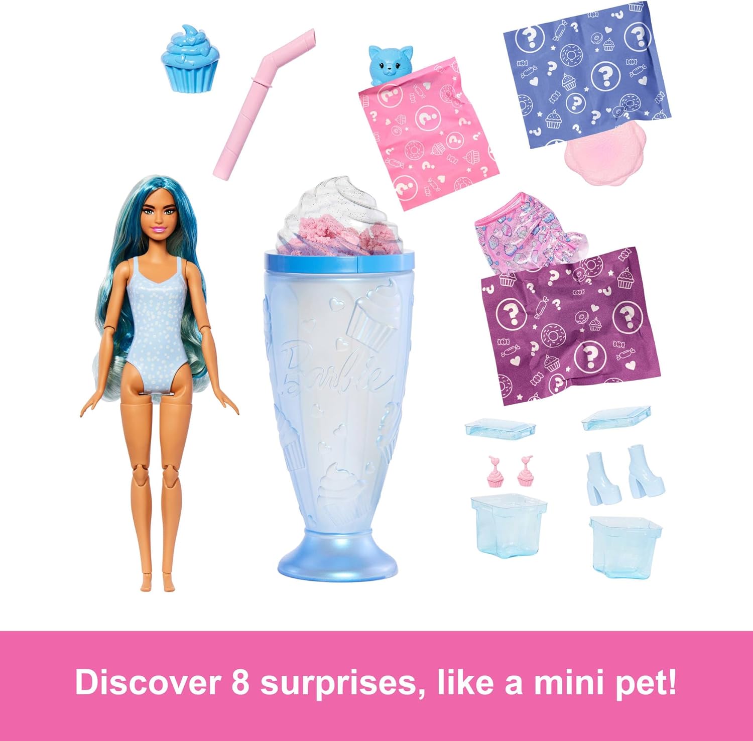 Barbie Pop Reveal Series Fashion Doll & Accessories Set, Treat Series, Cool Cupcake Theme with Pet, 8 Surprises Include Color Change, JFY61