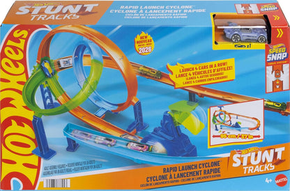 Hot Wheels Toy Car Track Set, Stunt Tracks Rapid Cyclone Playset with 1:64 Scale Die-Cast Vehicle, 2 Loops & 2 Crash Zones, Speed Snap Track, JHK73