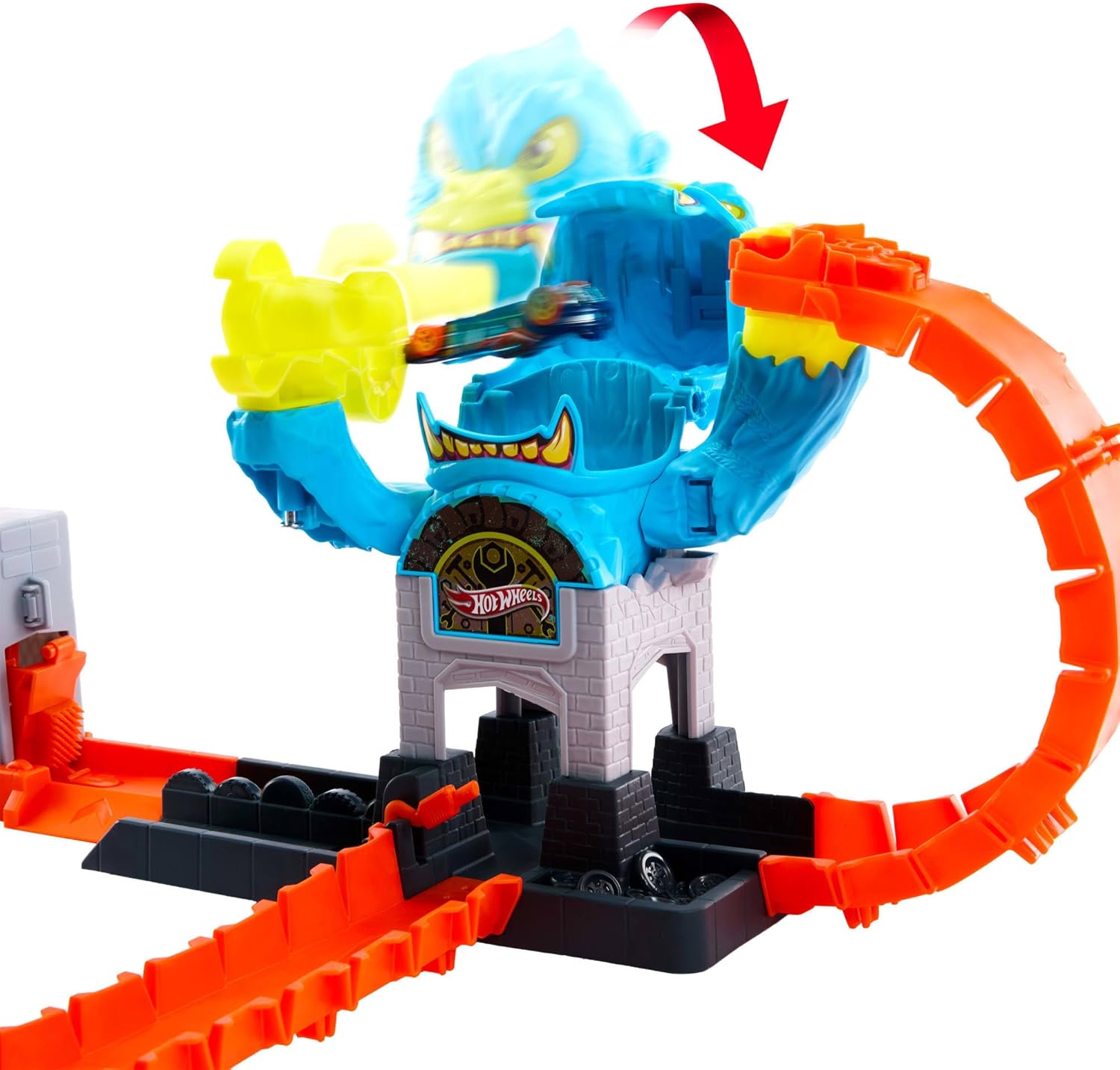 Hot Wheels Spielzeugauto Trackset, City Spielzeugset Gigantischer Gorilla-Angriff“ und Fahrzeug im Maßstab 1:64, mehrfache Spielmöglichkeiten für Herausforderung mit Gegner, JHL92