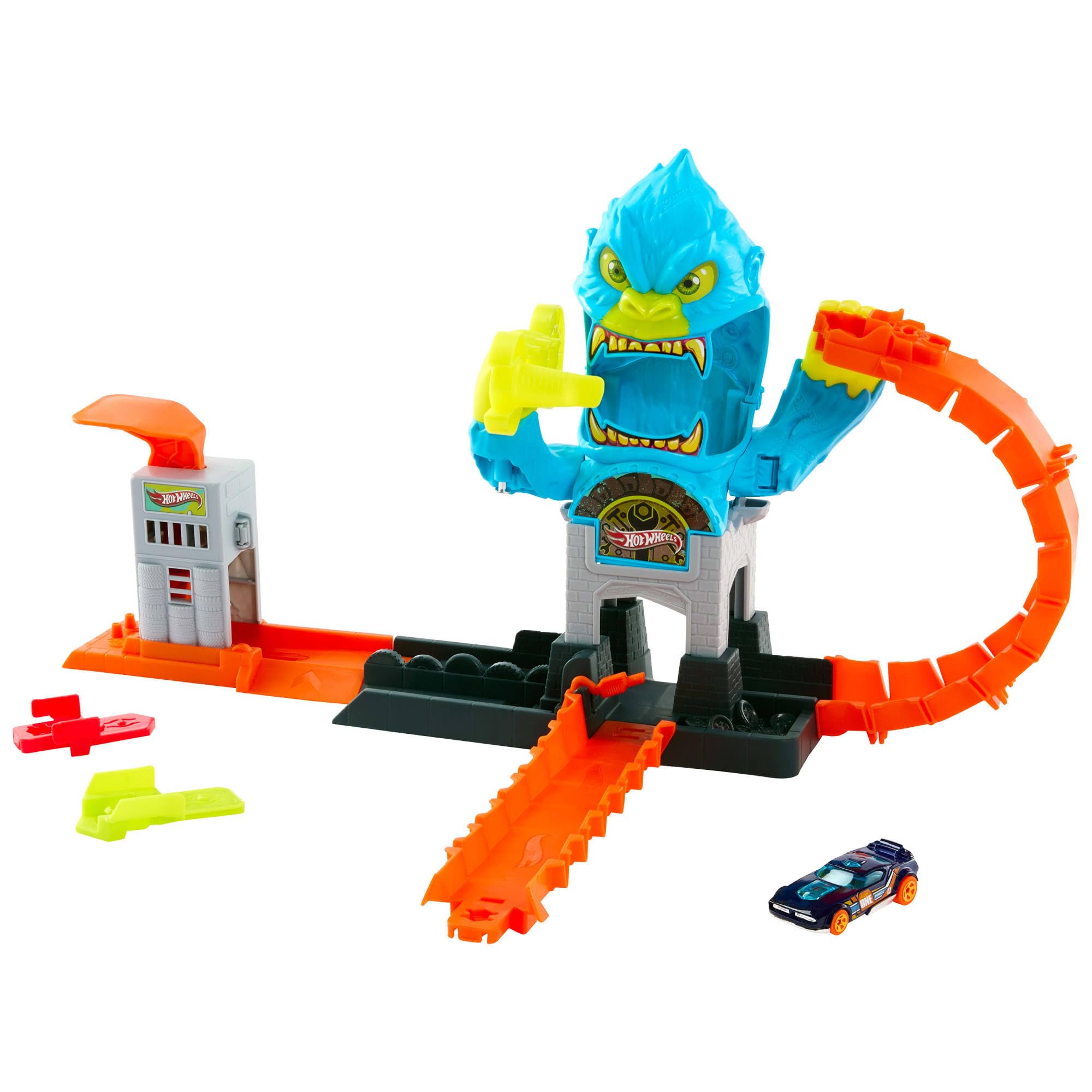 Hot Wheels Spielzeugauto Trackset, City Spielzeugset Gigantischer Gorilla-Angriff“ und Fahrzeug im Maßstab 1:64, mehrfache Spielmöglichkeiten für Herausforderung mit Gegner, JHL92