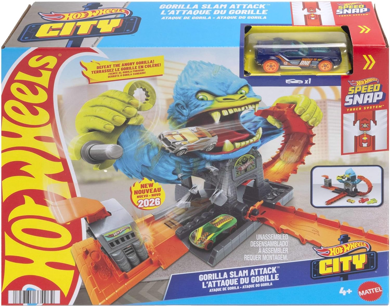 Hot Wheels Spielzeugauto Trackset, City Spielzeugset Gigantischer Gorilla-Angriff“ und Fahrzeug im Maßstab 1:64, mehrfache Spielmöglichkeiten für Herausforderung mit Gegner, JHL92