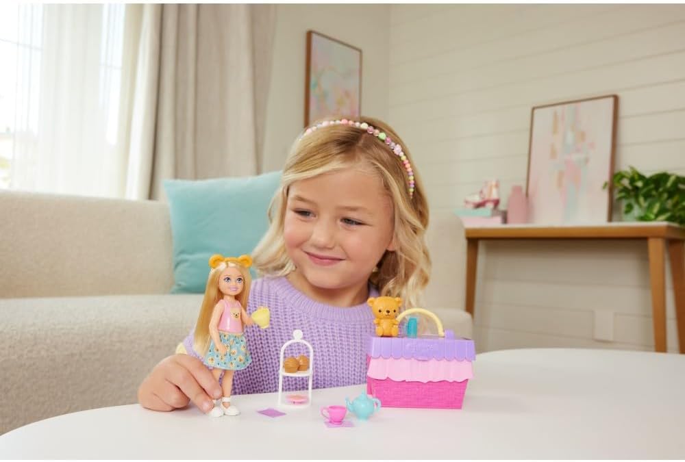 Barbie Family & Friends Club Chelsea Pop-Up Tea Party Playset with Blonde Small Doll, Transforming Picnic Basket & 10+ Accessories, JJB40