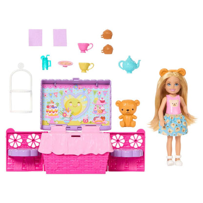 Barbie Family & Friends Club Chelsea Pop-Up Tea Party Playset with Blonde Small Doll, Transforming Picnic Basket & 10+ Accessories, JJB40