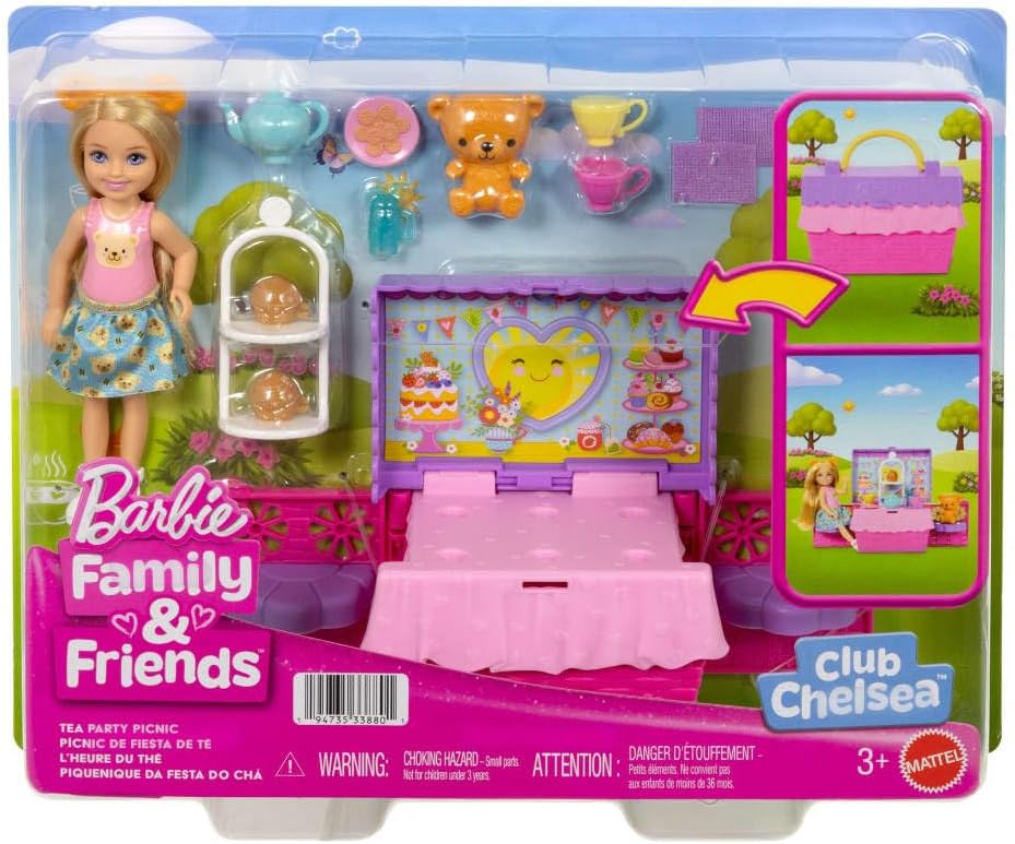 Barbie Family & Friends Club Chelsea Pop-Up Tea Party Playset with Blonde Small Doll, Transforming Picnic Basket & 10+ Accessories, JJB40