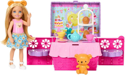 Barbie Family & Friends Club Chelsea Pop-Up Tea Party Playset with Blonde Small Doll, Transforming Picnic Basket & 10+ Accessories, JJB40