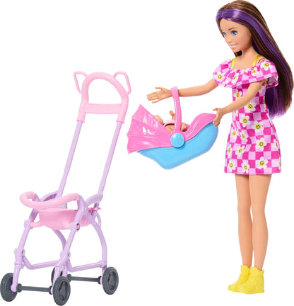 Barbie Skipper Babysitters Inc. Playset with Brunette Doll, Blonde Baby Doll, Stroller with Removable Car Seat & 7 Accessories, JJB42