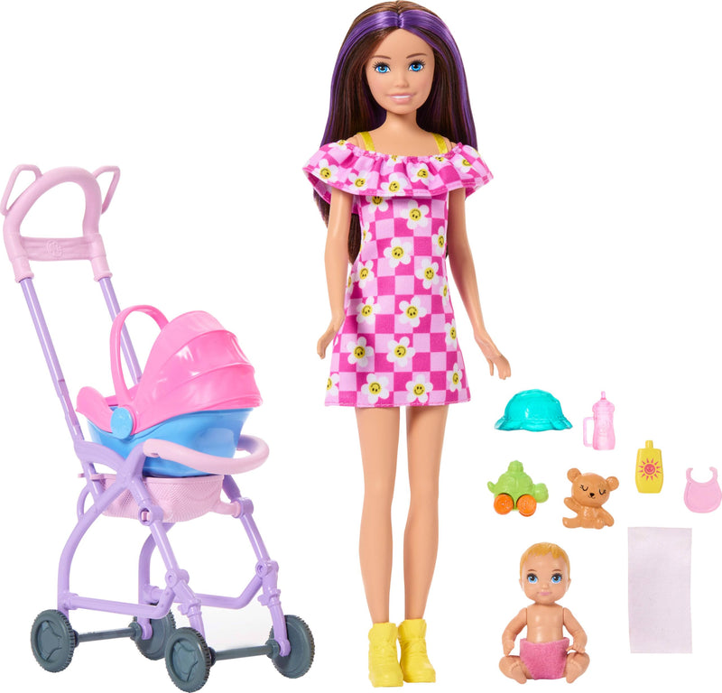 Barbie Skipper Babysitters Inc. Speelset met brunette pop, blonde babypop, wandelwagen met verwijderbaar autostoeltje en 7 accessoires, JJB42