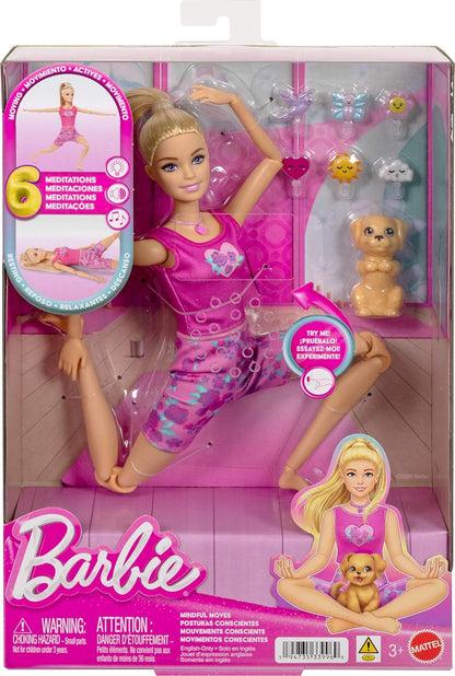 Barbie Mindful Moves Yoga Clothes Doll with 6 Guided Meditation Audio Clips, Music and Lights, Puppy with 6 Plug-in Accessories, Blonde