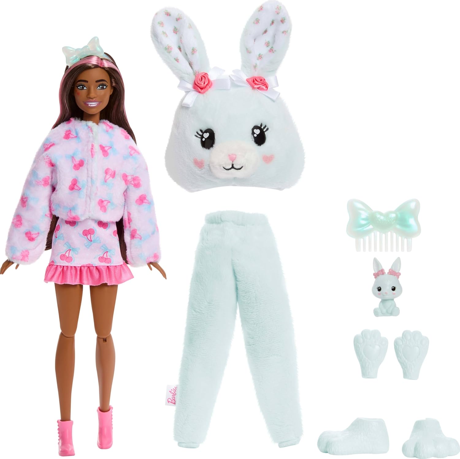 Barbie Cutie Reveal Doll & Accessories, Cuddly Series Bunny with 10 Surprises Including Color Change & Mini Pet, JJP65