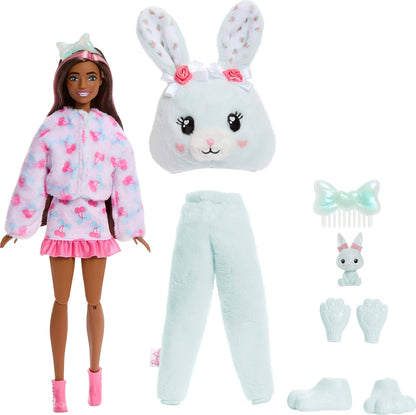 Barbie Cutie Reveal Doll & Accessories, Cuddly Series Bunny with 10 Surprises Including Color Change & Mini Pet, JJP65