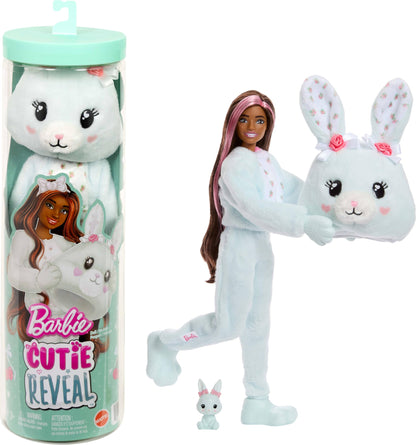 Barbie Cutie Reveal Doll & Accessories, Cuddly Series Bunny with 10 Surprises Including Color Change & Mini Pet, JJP65