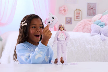 Barbie Cutie Reveal Doll & Accessories, Cuddly Series Kitten with 10 Surprises Including Color Change & Mini Pet, JJP64