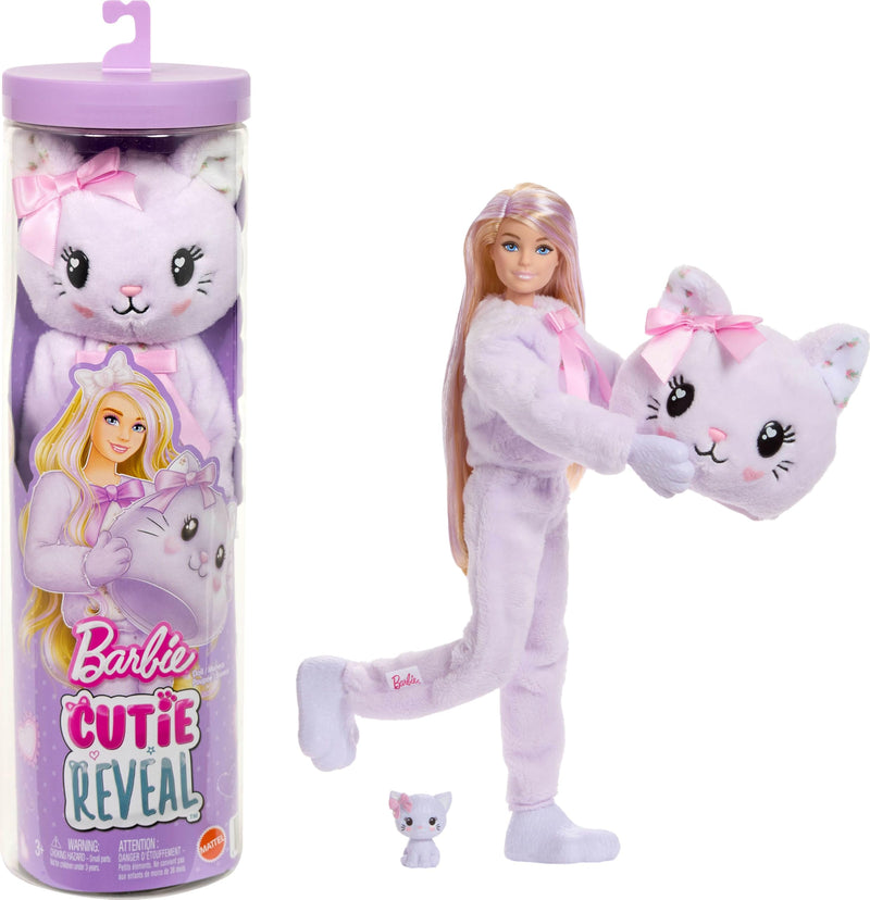 Barbie Cutie Reveal Doll & Accessories, Cuddly Series Kitten with 10 Surprises Including Color Change & Mini Pet, JJP64