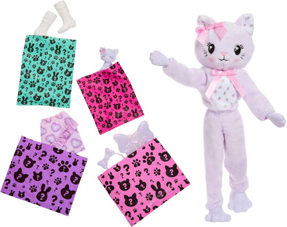 Barbie Cutie Reveal Doll & Accessories, Cuddly Series Kitten with 10 Surprises Including Color Change & Mini Pet, JJP64