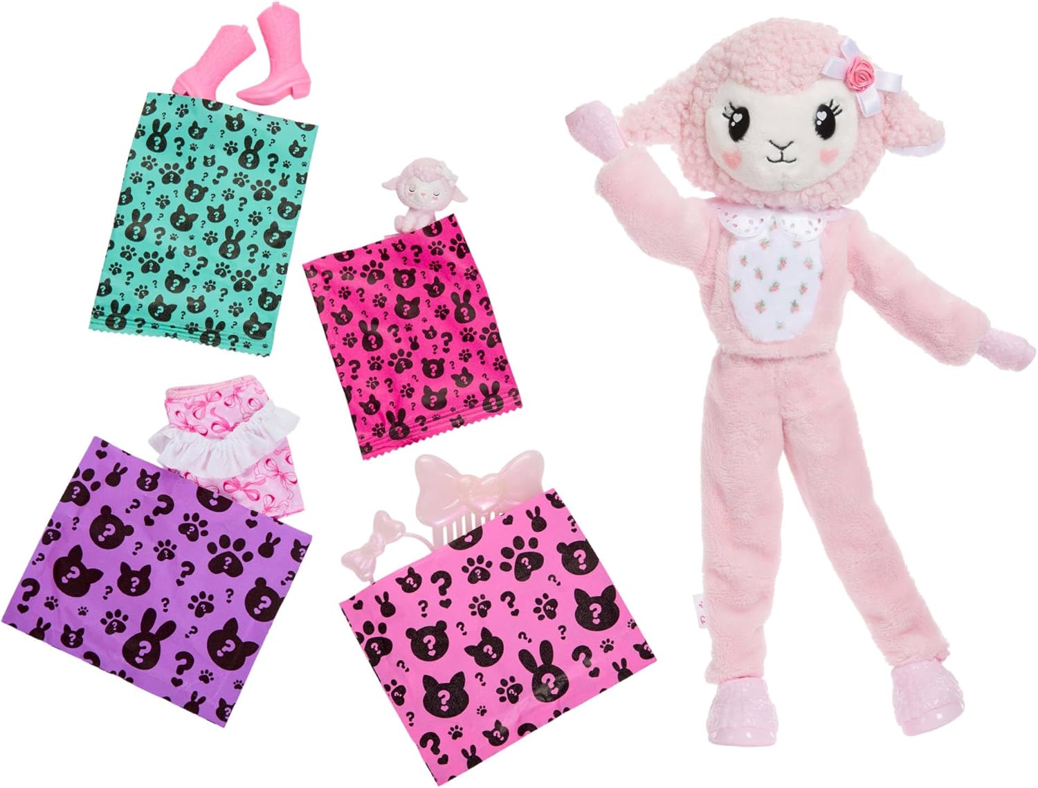 Barbie Cutie Reveal Doll & Accessories, Cuddly Series Lamb with 10 Surprises Including Color Change & Mini Pet, JJP66