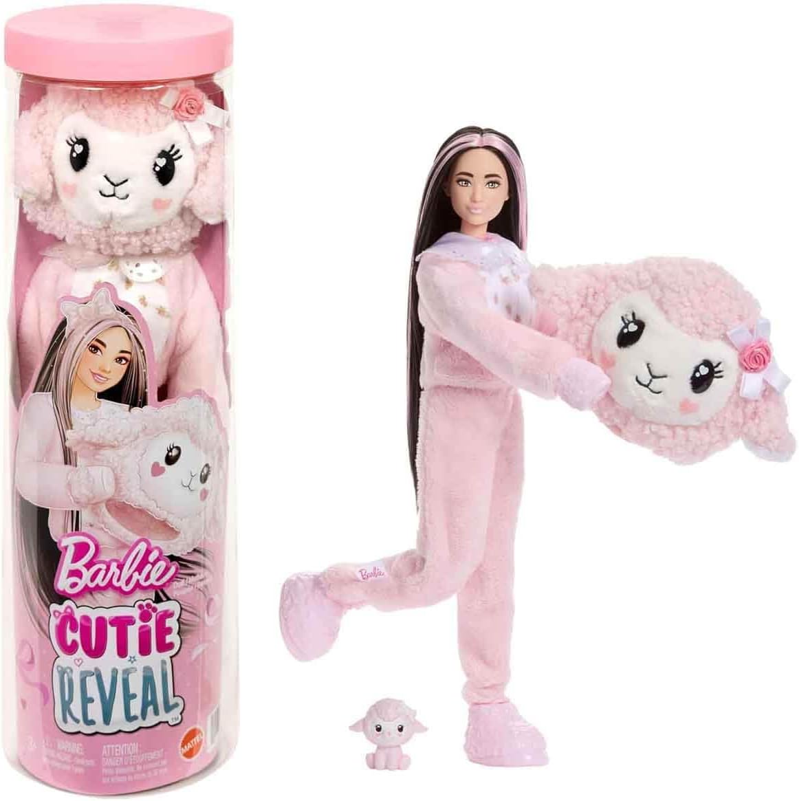 Barbie Cutie Reveal Doll & Accessories, Cuddly Series Lamb with 10 Surprises Including Color Change & Mini Pet, JJP66