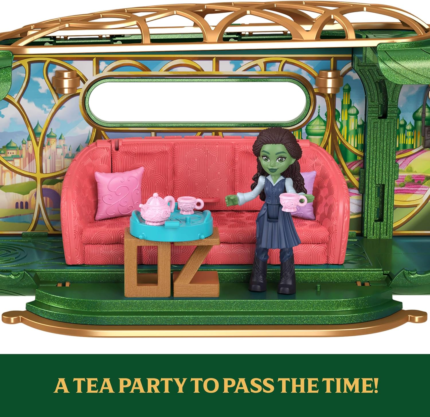 Mattel Universal Pictures’ Wicked Emerald City Train Playset with Elphaba Small Doll, 3 Play Spaces & 14 Accessories, Inspired by the Movie, JKM07