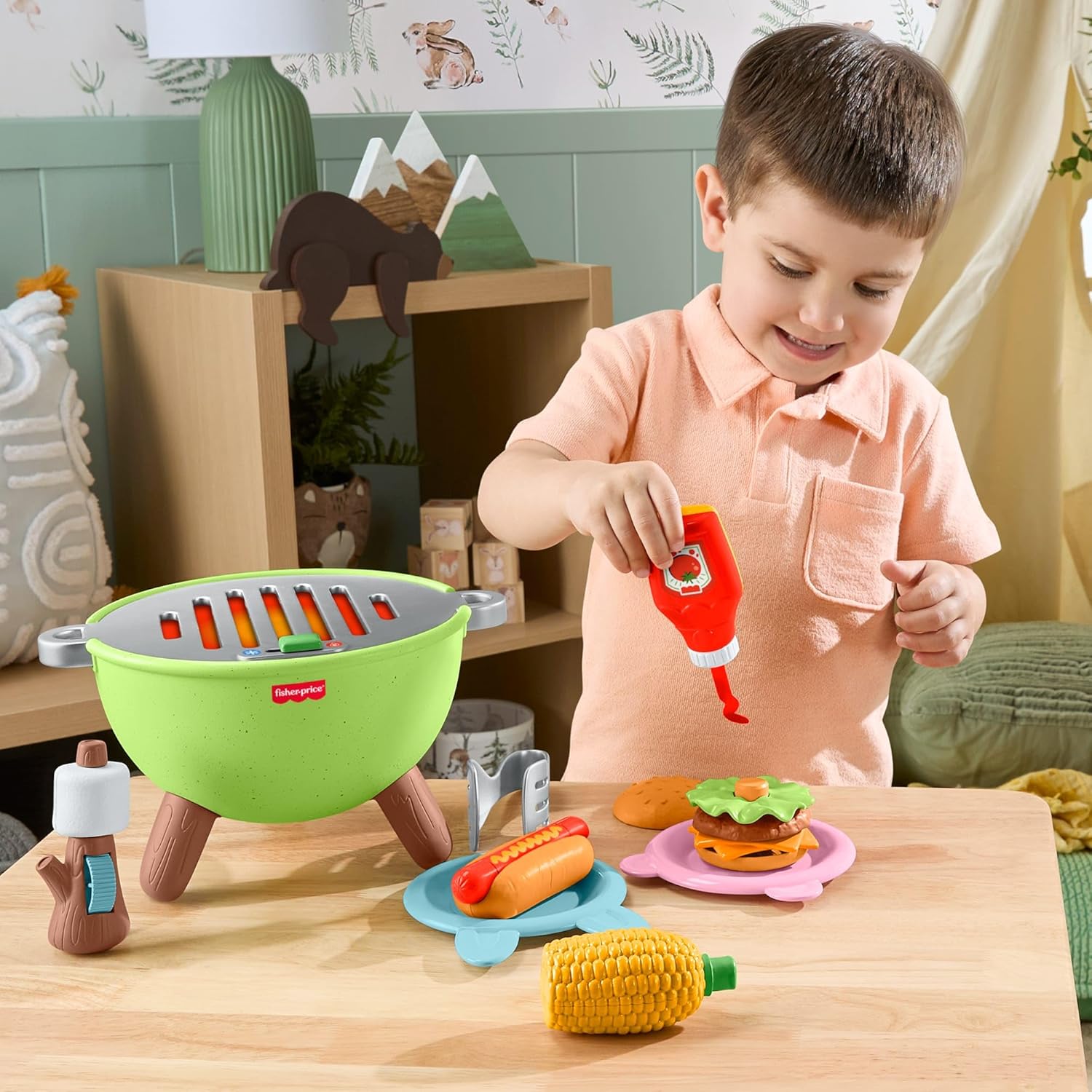 Fisher-Price Toddler Toys Friendship Forest Activity Grill, 14-Piece Food Playset for Pretend Play Preschool Kids Ages 2+ Years, JLB82