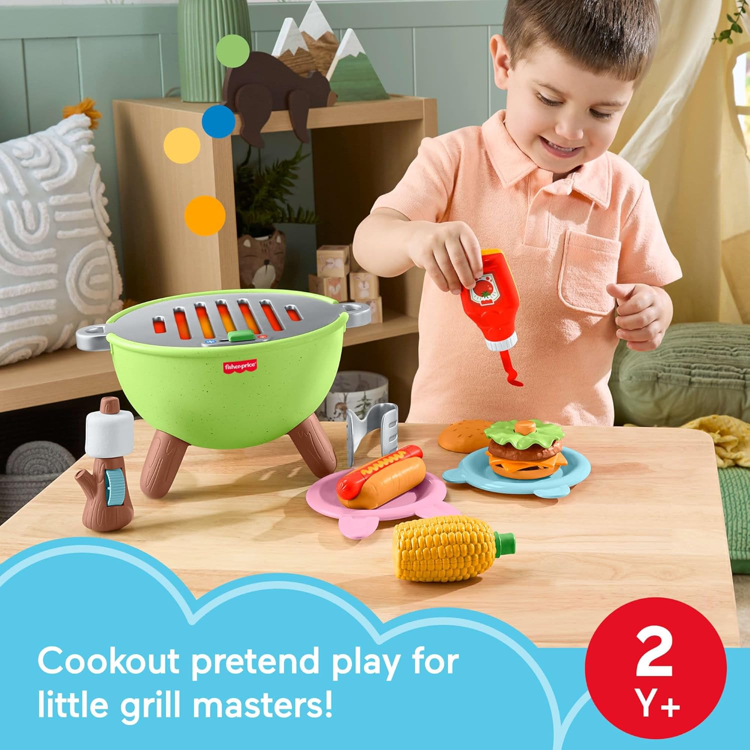 Fisher-Price Toddler Toys Friendship Forest Activity Grill, 14-Piece Food Playset for Pretend Play Preschool Kids Ages 2+ Years, JLB82