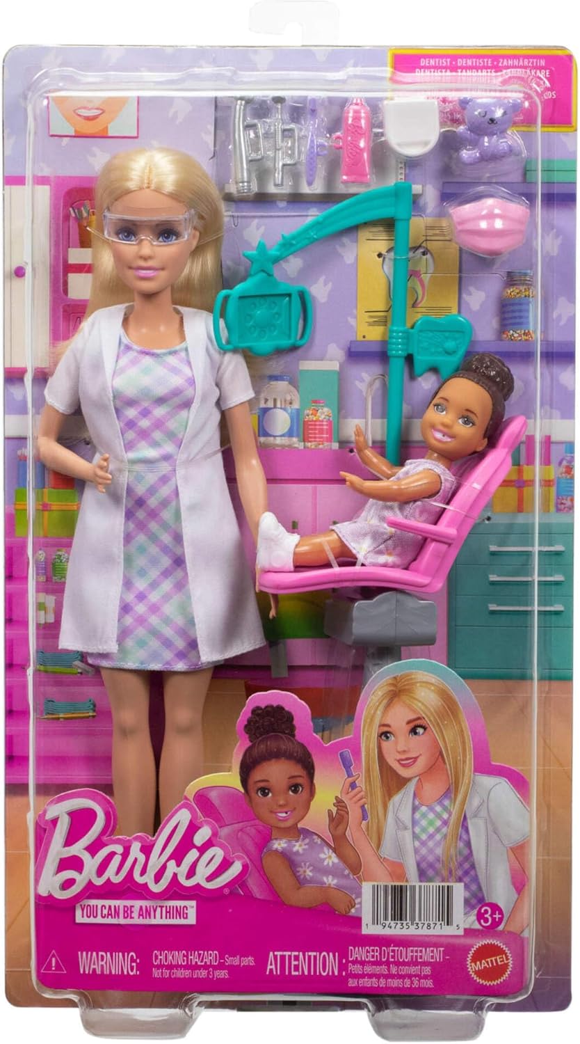 Barbie Careers Dentist Playset with Blonde Doll Wearing White Coat, Toddler Small Doll, Examination Chair & Accessories, JMK14