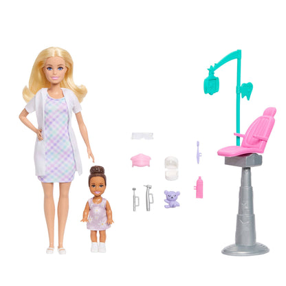 Barbie Careers Dentist Playset with Blonde Doll Wearing White Coat, Toddler Small Doll, Examination Chair & Accessories, JMK14