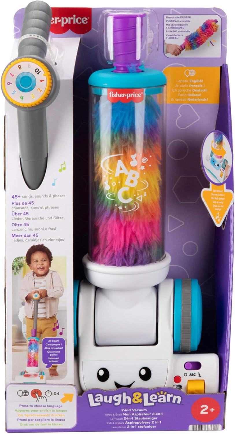 Fisher-Price Toddler Toy Laugh & Learn 2-in-1 Vacuum with Duster, Lights & Music for Pretend Play Kids Ages 2+ Years, Multilanguage Version, JMM33