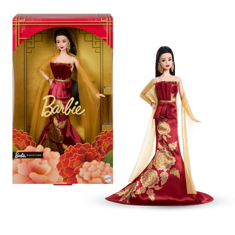 Barbie Signature Lunar New Year Fashion Doll Wearing Red Dress with Golden Peony Print, Collectible Holiday Toy, JJX83