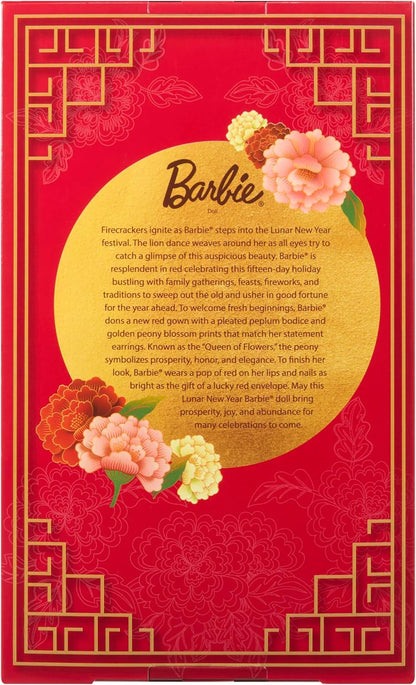 Barbie Signature Lunar New Year Fashion Doll Wearing Red Dress with Golden Peony Print, Collectible Holiday Toy, JJX83