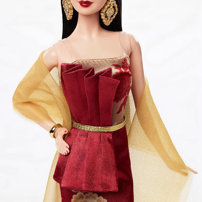 Barbie Signature Lunar New Year Fashion Doll Wearing Red Dress with Golden Peony Print, Collectible Holiday Toy, JJX83