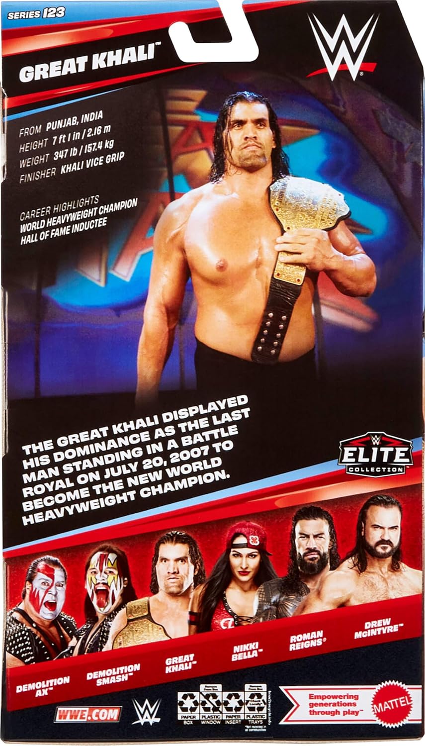 Mattel WWE Elite Action Figure & Accessories, Series #123 Set, 6-inch Collectible Great Khali with 25 Articulation Points & Swappable Hands