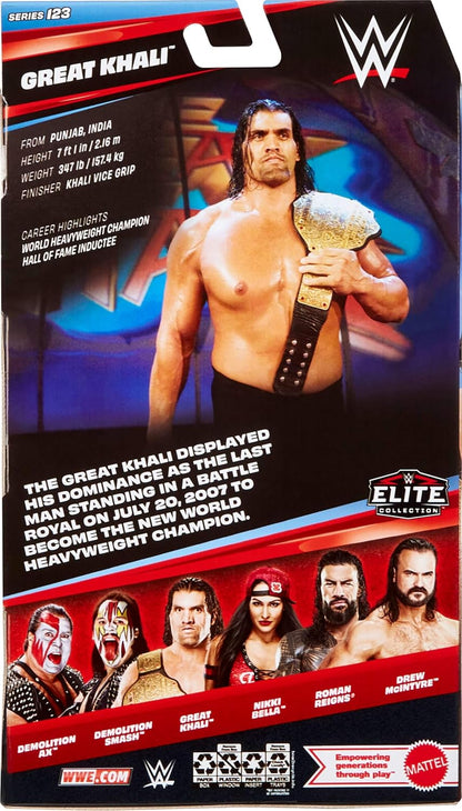 Mattel WWE Elite Action Figure & Accessories, Series #123 Set, 6-inch Collectible Great Khali with 25 Articulation Points & Swappable Hands