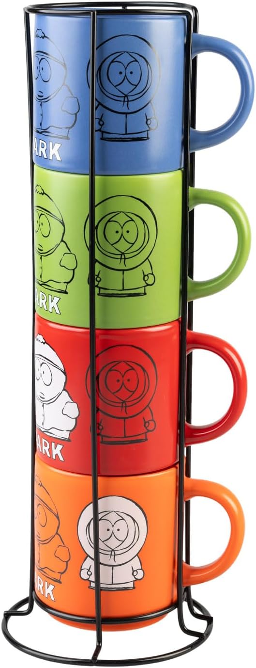 Grupo Erik Mugs Set of 4 - South Park Merchandise | Stacking Mugs with Stand 10.8 oz - 300ml Coffee Cups Espresso | South Park Gifts for Friends