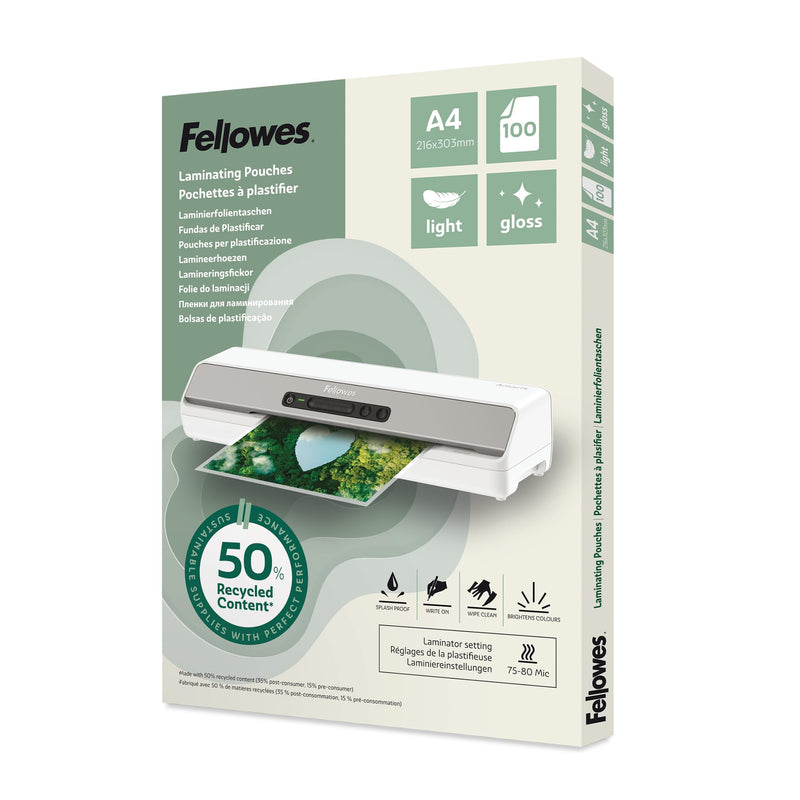 Fellowes A4 Laminating Pouches – 100 Pack, Gloss Finish, Light Duty 75/80 Micron, 50% Recycled Content – Lamination for Teachers & Offices