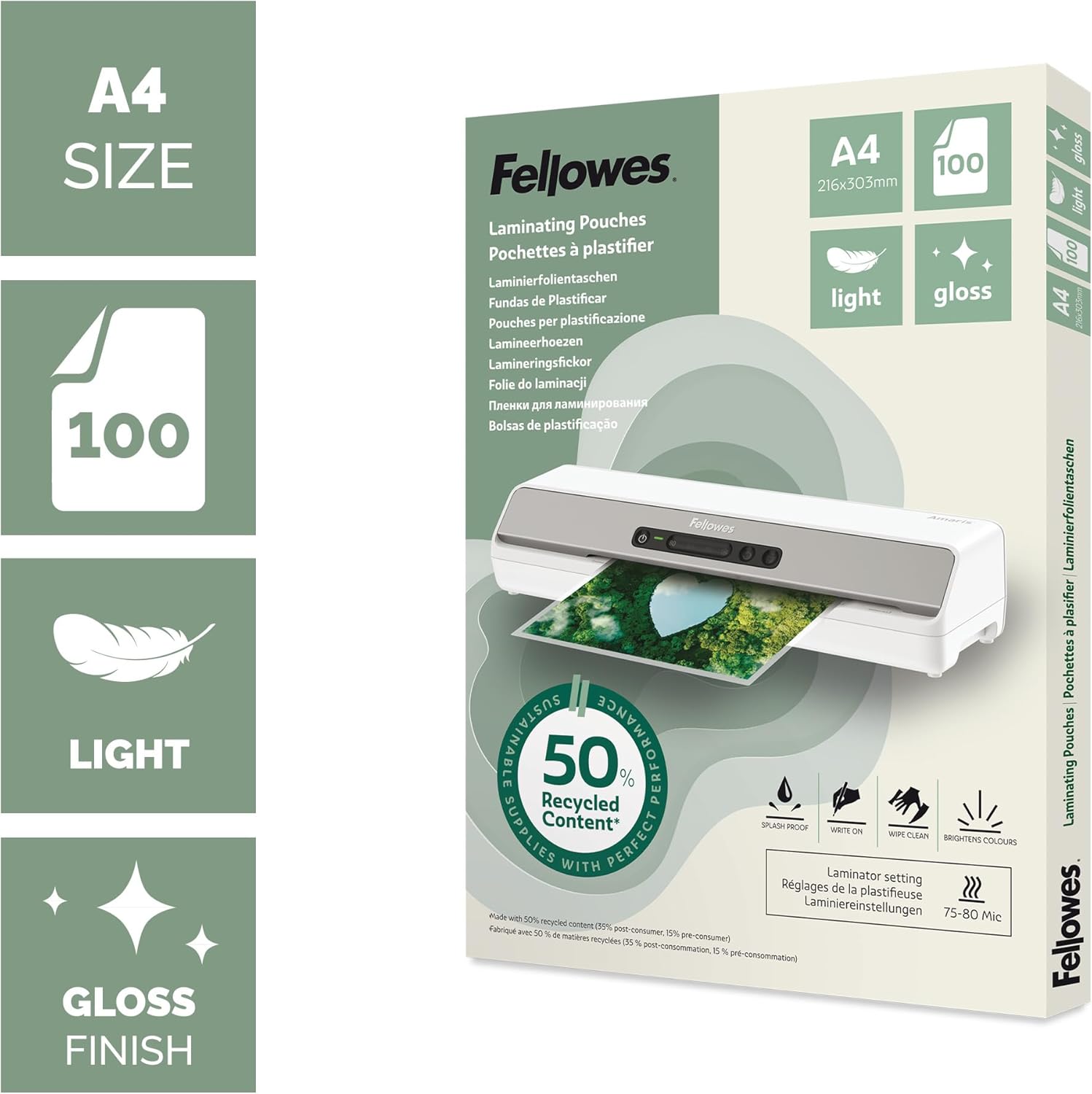 Fellowes A4 Laminating Pouches – 100 Pack, Gloss Finish, Light Duty 75/80 Micron, 50% Recycled Content – Lamination for Teachers & Offices