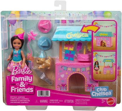 Barbie Family & Friends Club Chelsea Surprise Birthday Party Playset with Chelsea Small Doll (Brunette), Transforming Doghouse & 10+ Accessories, JJB41