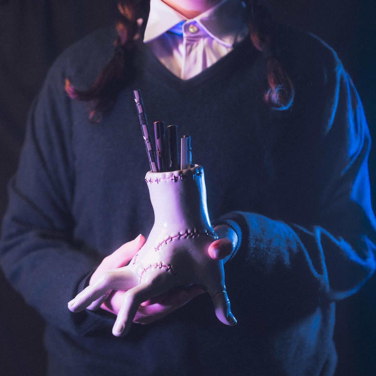 Grupo Erik Pen Holder For Desk & Stationery Set - Wednesday Addams Gifts | Desk Accessories - Pencil Holder, 2 Pens, Pencil, Eraser, Sharpener | Thing Hand Wednesday Gifts