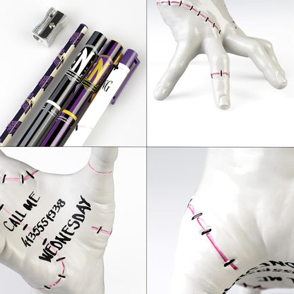 Grupo Erik Pen Holder For Desk & Stationery Set - Wednesday Addams Gifts | Desk Accessories - Pencil Holder, 2 Pens, Pencil, Eraser, Sharpener | Thing Hand Wednesday Gifts
