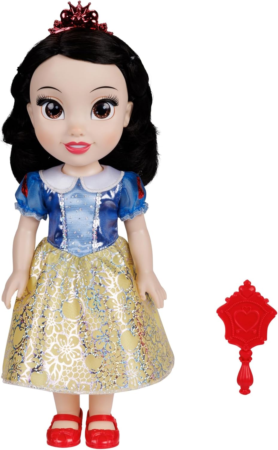 Disney Princess Schneewittchen Puppe 35 cm, reflektierende Glitzeraugen, bewegliche Gelenke, ausziehbares Kleid, Schuhe, Krone, schwarzes Haar, für Mädchen ab 3 Jahren