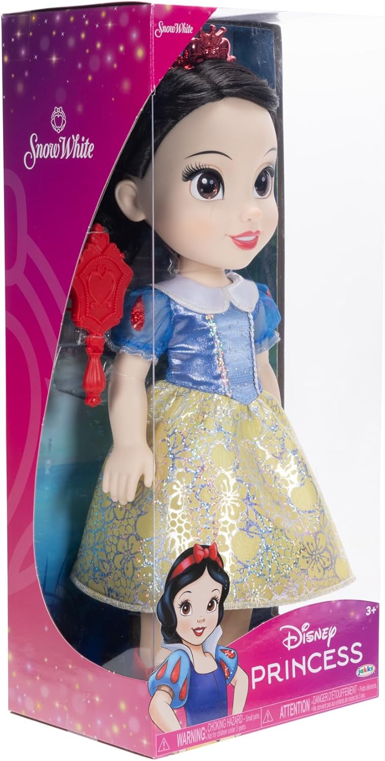 Disney Princess Schneewittchen Puppe 35 cm, reflektierende Glitzeraugen, bewegliche Gelenke, ausziehbares Kleid, Schuhe, Krone, schwarzes Haar, für Mädchen ab 3 Jahren