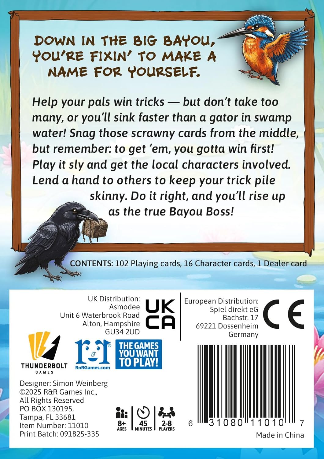 R & R Games Bayou Boss Card Game, Ages 8+, 2-8 Players, Trick-Taking Strategy Game, 102 Playing Cards, 16 Character Cards, 1 Dealer Card, 8 Reference Aids