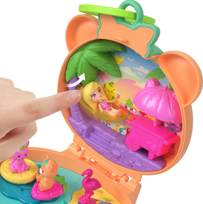 Polly Pocket Doll & Pets Playset, Plushie Bear Compact, Keychain and Plush with Fruit Theme Accessories and Charms, JKC79