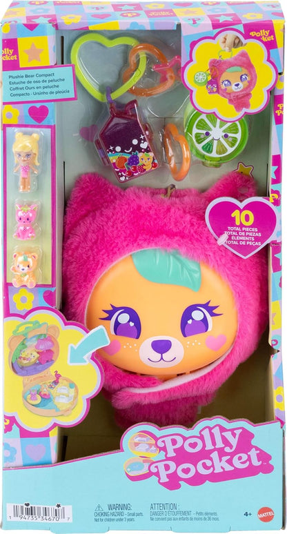 Polly Pocket Doll & Pets Playset, Plushie Bear Compact, Keychain and Plush with Fruit Theme Accessories and Charms, JKC79