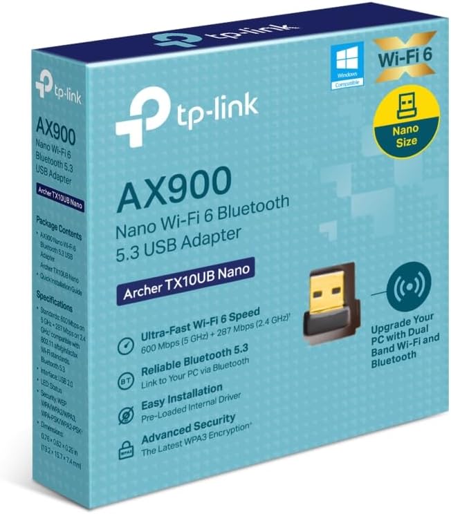 TP-Link Archer TX10UB Nano AX900 Nano Wi-Fi 6 Bluetooth 5.3 USB Adapter, Lower Latency, Higher Efficiency, and Less Congestion, Advanced Security with WPA3