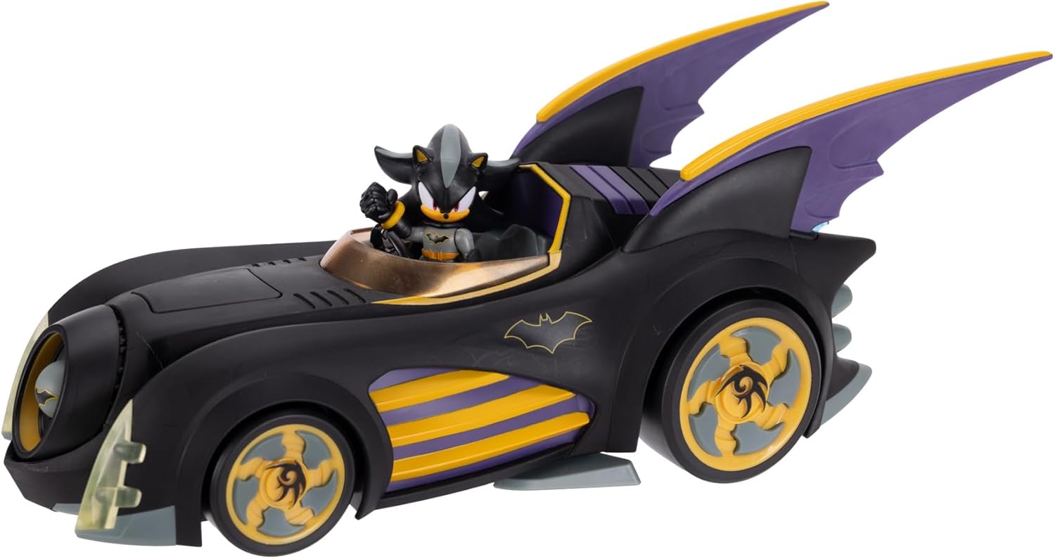 DC x Sonic Shadow als Batman mit 6 cm Batmobil-Actionfigur, offiziell lizenziert von Jakks Pacific, interaktives Fahrzeug mit Projektilabschuss und drehbarer Turbine