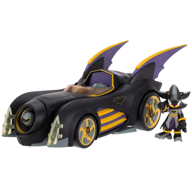 DC X Sonic Shadow als Batman met functionerende Batmobil 6,35 cm. Officieel gelicentieerd product van Jakks Pacific, interactief voertuig met werpbare bal en roterende turbine